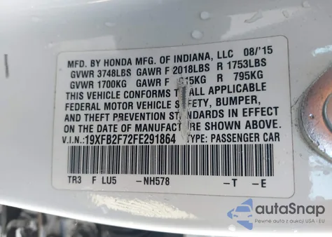 2015 Honda Civic Se z USA, uszkodzony, nr VIN 19XFB2F72FE291864